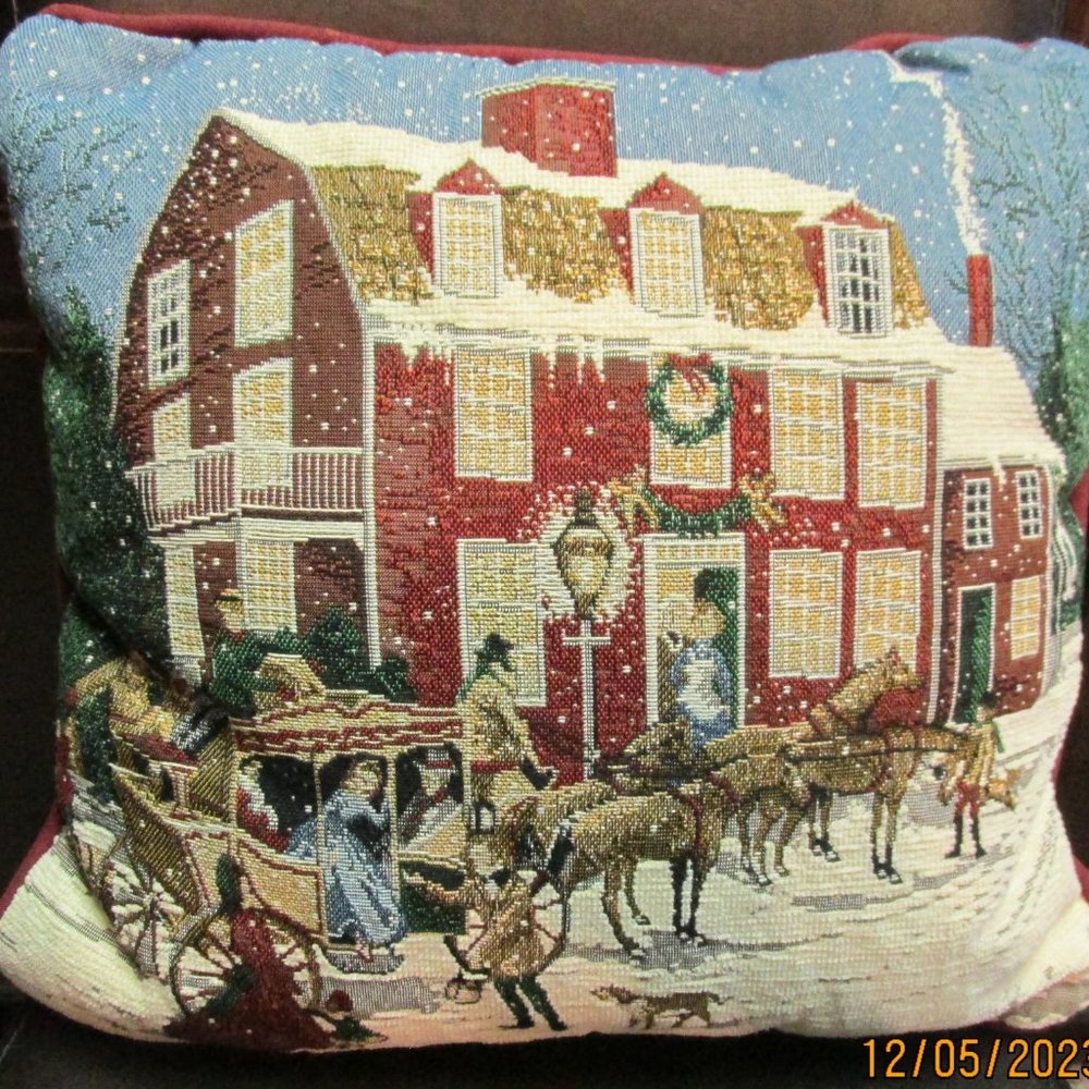 Merry Christmas Horse and Carriage Winter Scene Decorative Pillow